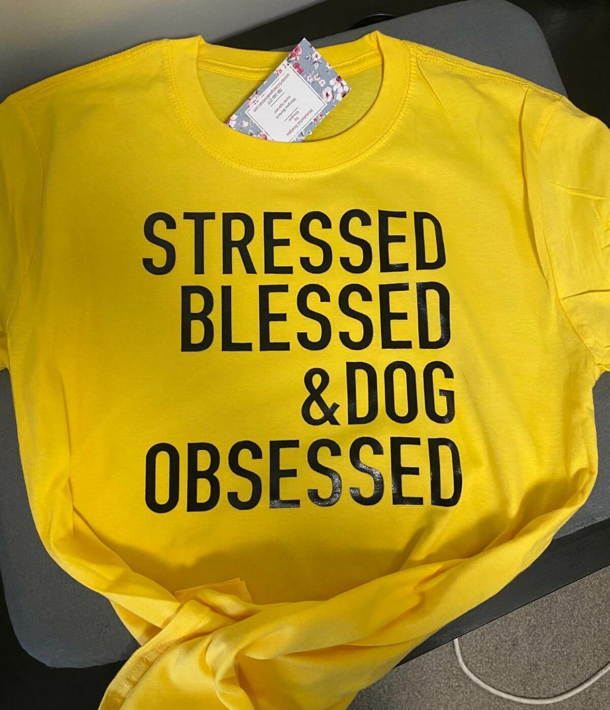 stressed blessed dog obsessed t-shirt in yellow at wonderful designs by morgan